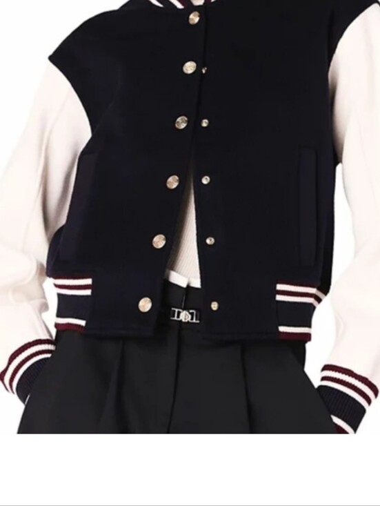 Maje Jackets & Blazers - Maje Navy Body with White Sleeves Mixed-Fabric Bomber Jacket